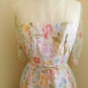 Vintage 60s House of Bianchi pink floral chiffon cape prairie full skirt dress